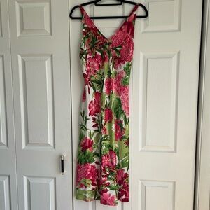 NWT Natori Pink Peony Print Satin Midi Nightgown with Adjustable Straps